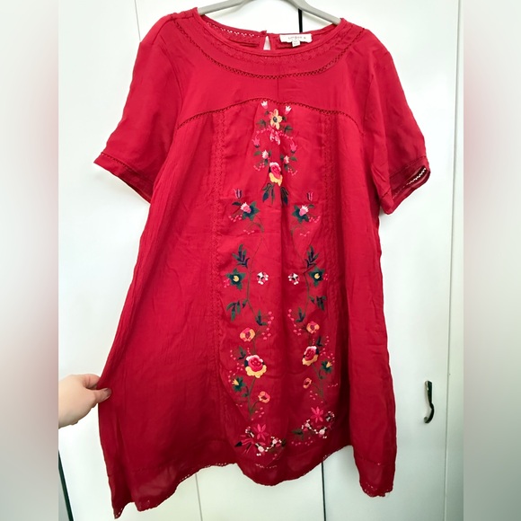 Umgee Dresses & Skirts - Red Floral Embroidered Dress
